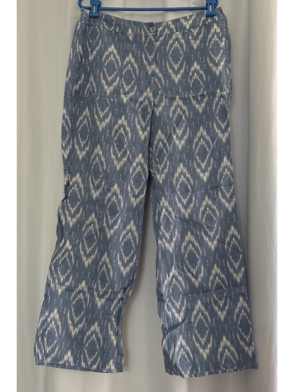 CHICO'S Size 1.5 M 10 Blue White Tribal Geometric 100% Linen Pants Beach